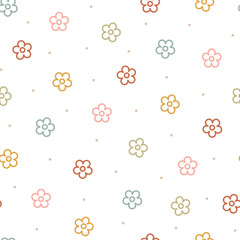 Abstract seamless vector pattern with hand drawn colorful outline flowers. Cute modern background for kids room decor, nursery art, apparel, gift, fabric, textile, wrapping paper, wallpaper, packaging