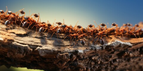 Close-Up View of Ants Forming a Team to Pull a Branch Across a Gap, Showcasing Impressive Nature's Teamwork, Unity, and Determination of Tiny Insect Engineers