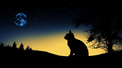 A cat's silhouette against a full moon, a hauntingly beautiful scene of nocturnal stillness