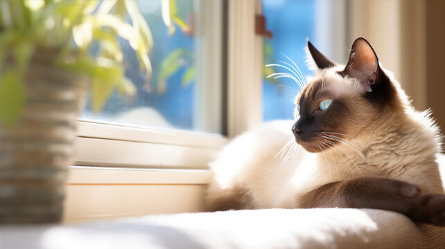 Siamese cat lounging on a sunlit windowsill, its sleek coat and blue almond - shaped eyes shining
