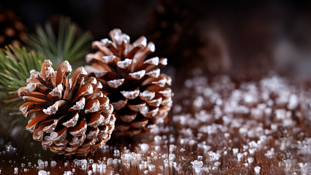 Classic Christmas pine cones sprinkled with faux snow beautifully clustered isolated on a rustic brown gradient background 