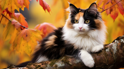 Calico cat perched on a branch, its multicolored fur blending with autumn foliage - Powered by Adobe