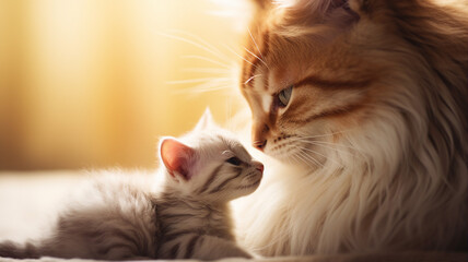 Cat and kitten, nose to nose, in a touching moment of connection and family bond