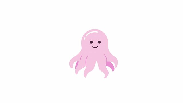 Adorable octopus baby with curled tentacles 2D character animation. Underwater ocean creature flat cartoon 4K video, transparent alpha channel. Floating animated animal on white background