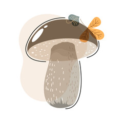 Ripe autumn edible mushroom and fallen leaves of different transparency isolated on a white background. Design element for abstract background, wallpaper, wrapping paper, fabric, textile