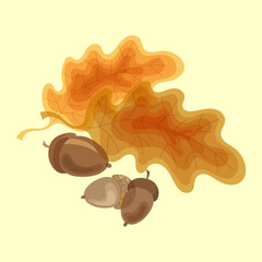Ripe acorns and oak leaves of different transparency isolated on a light yellow background. Design element for abstract background, wallpaper, wrapping paper, fabric, textile