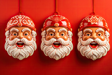 Nostalgic plastic Santa Claus face decorations warmly lit playfully arranged isolated on a vibrant red to white gradient background 