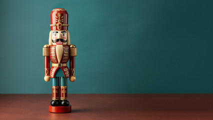 Old-world wooden nutcracker doll crafted with nostalgic detail regally posed isolated on a vintage rosewood gradient background 