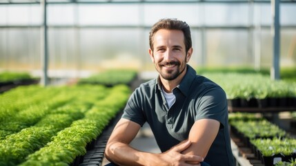 Portrait of a handsome smiling worker in uniform standing in the greenhouse with a green plantation in the background.