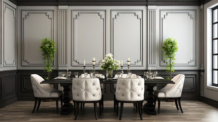 Modern Classic: Black Chairs and Wooden Table Against White Paneling Wall