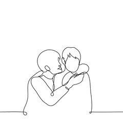 adult man tries to cuddle or kiss a kid on the cheek who is either shy or doesn't want it - one line art vector. concept adult cuddling cute baby, non-tactile child and tactile adult