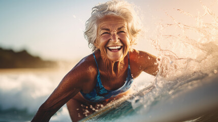 Happy aged woman having fun, swimming in the ocean with a surfboard. Adult woman having fun in retirement on a sunny day. Active lifestyle. - obrazy, fototapety, plakaty