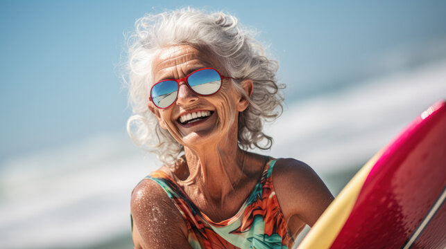 Happy aged woman having fun, swimming in the ocean with a surfboard. Adult woman having fun in retirement on a sunny day. Active lifestyle. - Powered by Adobe