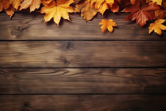 Rustic elegance. Autumnal wood frame. Golden moments. Vintage fall foliage. Nature palette. October leaves on wooden table top view
