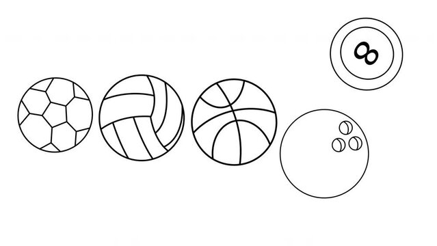 animated sketches of soccer balls, basketballs, volleyballs and bowling balls