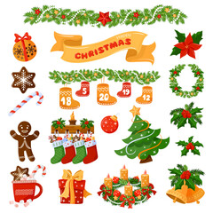 Christmas Symbols big set. Christmas elements. Colorful christmas icon isolated on white background. Traditional Xmas attributes. Gift box, jingle bell, flower, warm socks, flower Vector illustration.