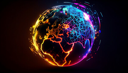 Abstract of neon and colorful global world in cyberspace, future energy power technology and internet connection concept, isolated modern background, Ai generated image