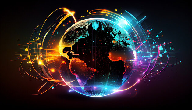 Abstract of neon and colorful global world in cyberspace, future energy power technology and internet connection concept, isolated modern background, Ai generated image