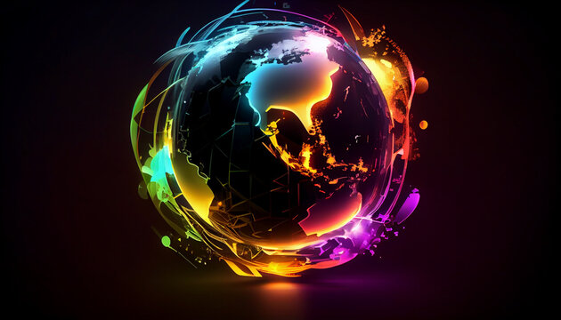 Abstract of neon and colorful global world in cyberspace, future energy power technology and internet connection concept, isolated modern background, Ai generated image