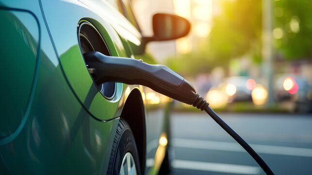 Closeup of hybrid car electric charging station with power supply connected to an electric car.