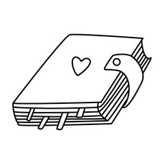 Diary or planner decorated with heart. Vector doodle hand drawn illustration black outline.
