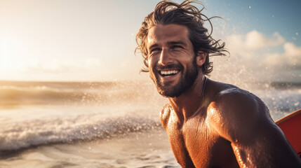 Smiling man with a surfboard is surfing while relaxing in the ocean. Surfer with a board enjoys his vacation, has fun in the water, in the fresh air. Active lifestyle, surfing, relaxation