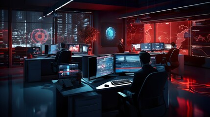 Red alert in cybersecurity office defending hacker attack - obrazy, fototapety, plakaty