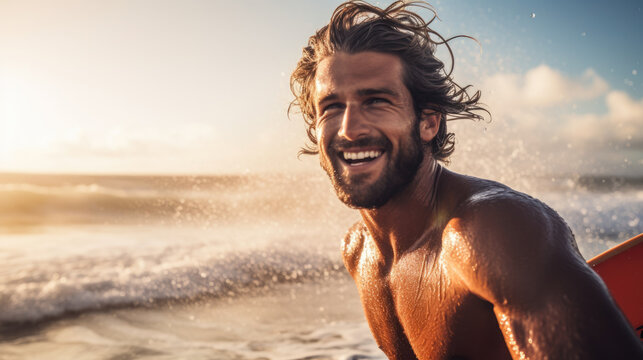 Smiling man with a surfboard is surfing while relaxing in the ocean. Surfer with a board enjoys his vacation, has fun in the water, in the fresh air. Active lifestyle, surfing, relaxation