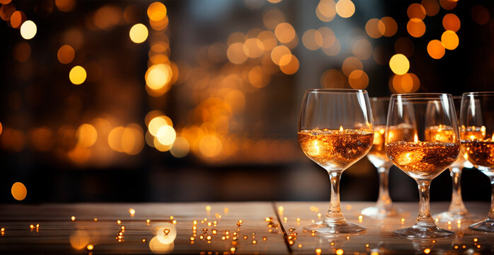 Glasses of champagne or sparkling wine in a festive atmosphere. Merry Christmas and Happy New Year - AI generated image