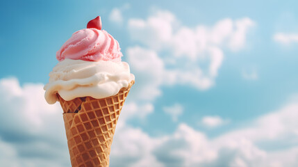 Creamy strawberry ice cream in a cone against a sky of clouds