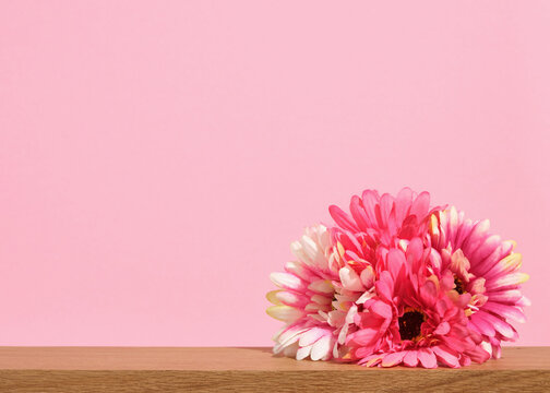 Bright floral arrangement on a pink background. Copy space for text. Colorful decoration of spring flowers.