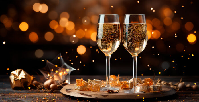 Glasses of champagne or sparkling wine in a festive atmosphere. Merry Christmas and Happy New Year - AI generated image