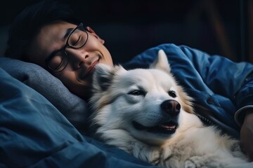 Fototapeta premium Cinematic Portrait of Man with Dog Using Laptop in Moody Lighting. Generative AI