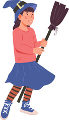 Child girl of preschool age in Halloween costume of witch with broom and hat. Child ready for Halloween party celebration.