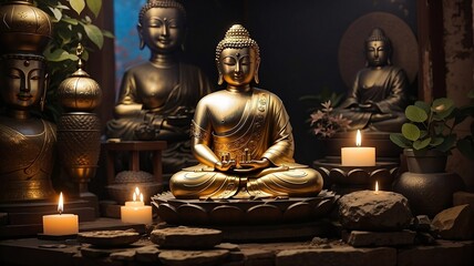 Golden Buddha Statue - Serene Religious Icon, Spiritual Symbol, Peaceful Meditation, Sacred Buddhist Art 16:9