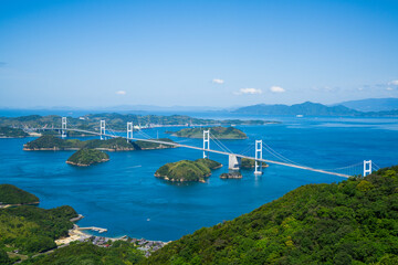 亀老山（きろうさん）展望公園から見る、しまなみ海道の来島海峡大橋大橋