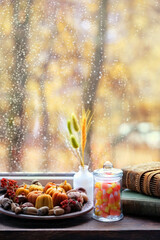 autumn decor. pumpkins shape candles, nuts, candy corn in jar, books on windowsill, abstract window background. autumn season. home cozy composition. fall time concept