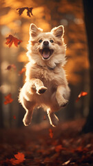 A cute dog jumping and catching falling autumn leaves. 