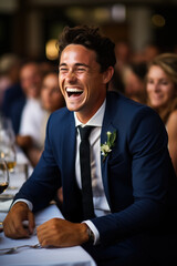 Candid laughter moments captured at wedding reception background with empty space for text 