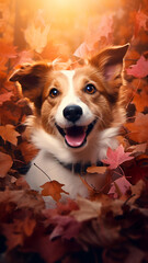 Cute dog covered with autumn leaves.