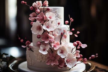Detail shot of a lavish three-tier wedding cake with delicate sugar paste flowers 