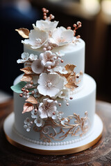 Detail shot of an elegant wedding cake adorned with intricate icing designs and embellishments 