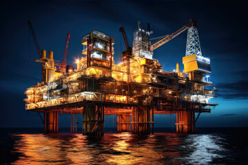 Oil platform on the ocean at night. Offshore drilling for gas and petroleum or crude oil