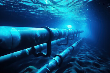 Underwater pipeline for gas or oil transport. Critical infrastructure - obrazy, fototapety, plakaty