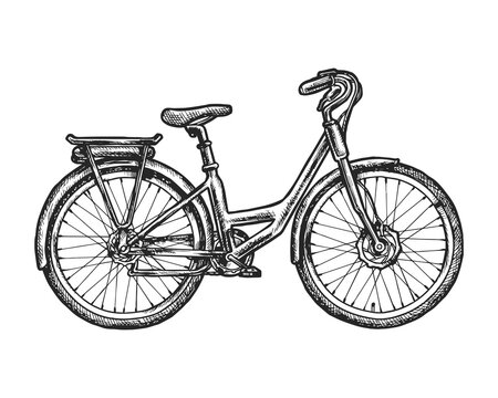 Vector sketch of vintage bicycle. Hand drawn retro bike. Sign with wheel and pedal transport or isolated silhouette for biking or ride. City transportation and travel. Engraving and etching sign