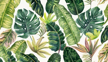 Fotobehang Botanical illustration. Tropical seamless pattern. Rainforest, jungle. Palm leaves, monstera, colocasia, banana. Hand drawing for design of fabric, paper, wallpaper, notebook covers © Tatiana