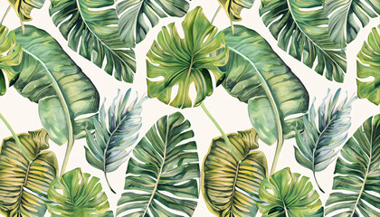 Botanical illustration. Tropical seamless pattern. Rainforest, jungle. Palm leaves, monstera,...