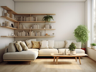 Corner Sofa and Shelving Unit in Norwegian Minimalist Living Room