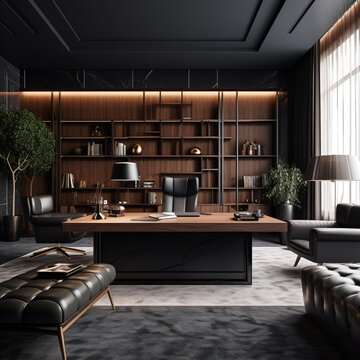 Fotografia de despacho con madera y tonos marrones y negros, con estetica sobria y entrada de luz natural