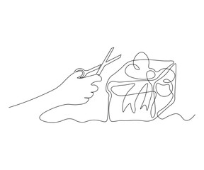 abstract hand with scissors and a gift, Christmas preparations. Continuous one line art